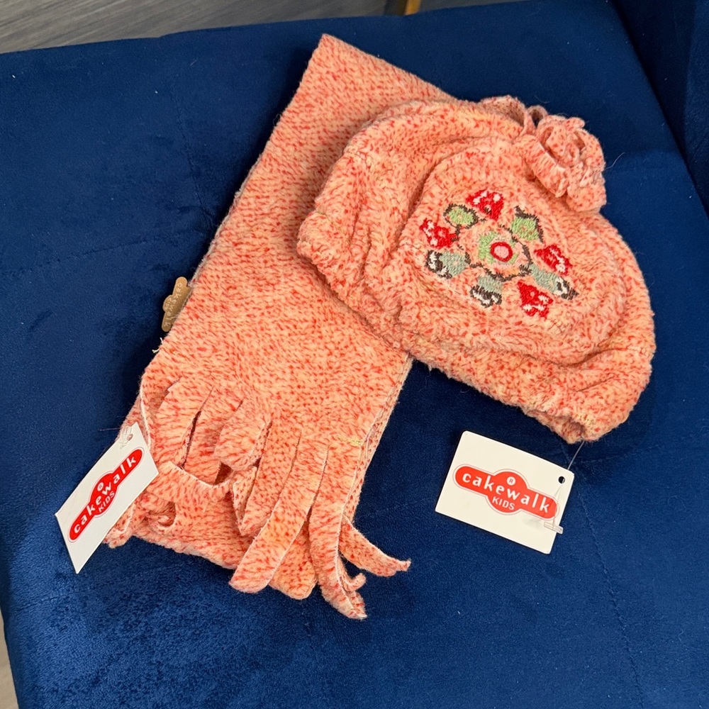 Peach Knit Hat and Scarf Set with Embroidered Floral Detail